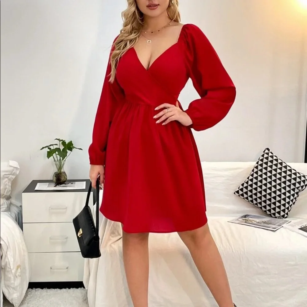 Rose red plus size bishop sleeve mini dress - Picture 5 of 15